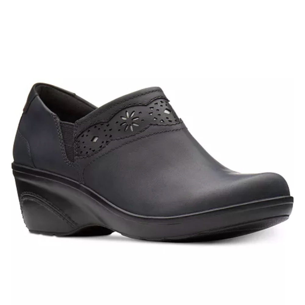 Clarks Black Mules with Floral Detail